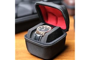 RIGICASE Hard single watch travel case, men's sports watch organizer box with flexible watch pillow (Black, 1 slot red lining)