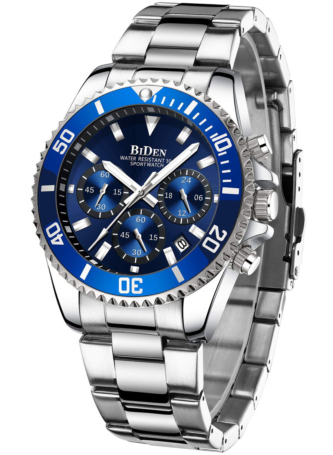 Mens Watches Men Designer Chronograph Waterproof Analogue Quartz Watch Men Stainless Steel Wrist Watch Fashion Date Watches for Men (Blue b) โ image 1