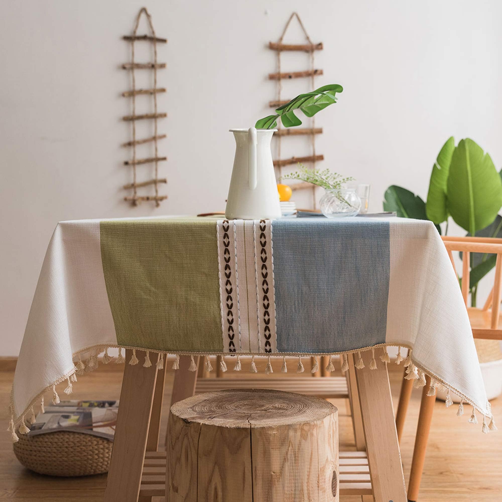 Aonewoe Rectangle Tablecloth 140x200 Decoration Elegant Cotton Linen Table Cloth With Tassel Edge Dust-proof Washable Kitchen Table Cover for Dining Table (Blue and Green)