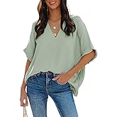 Dokotoo Casual Womens Short Sleeve V Neck Shirts Oversized Solid Blouses Tops