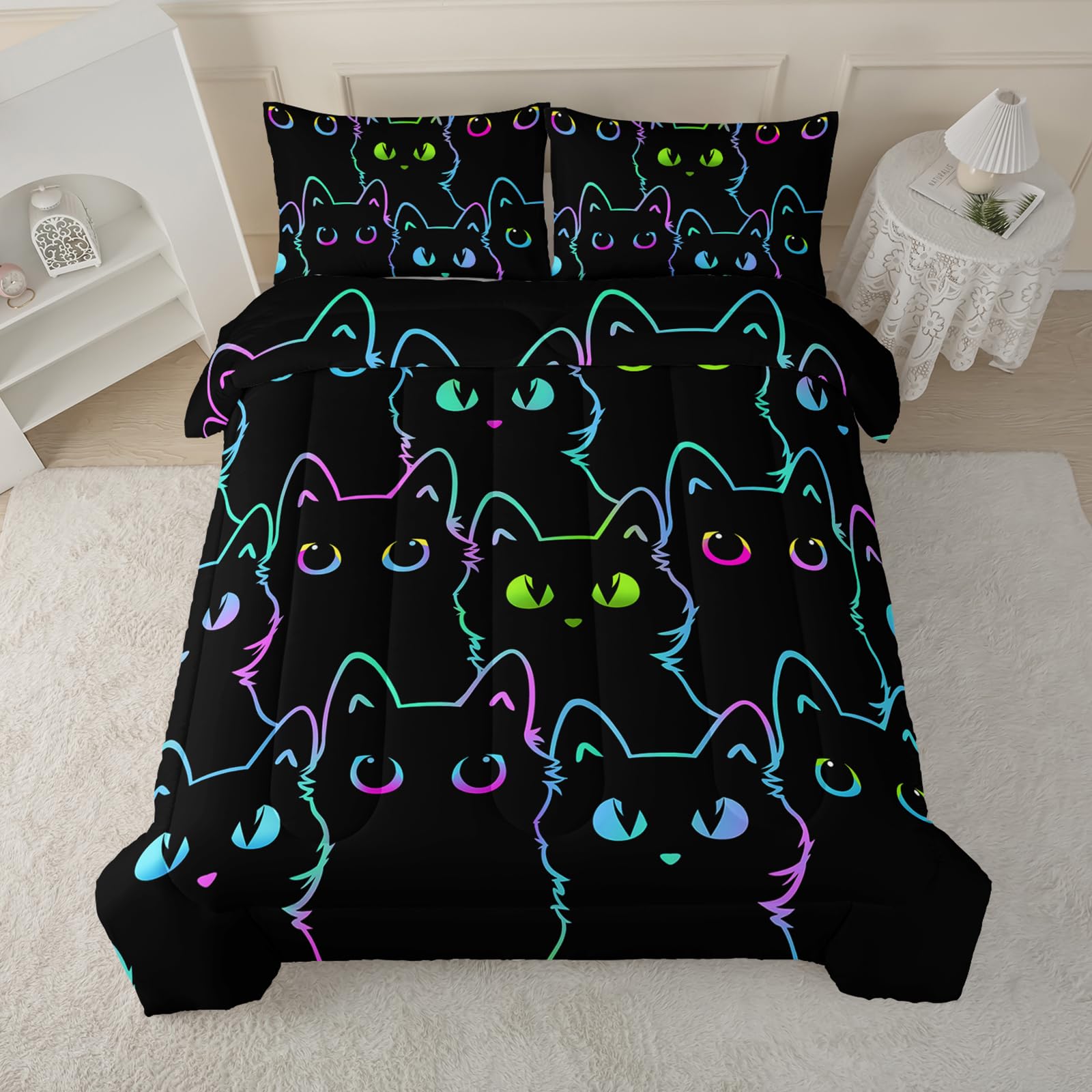 Photo 1 of BailiPromise Black Kawaii Animals for Kids 3 Piece Comforter Set Twin Size,Cute Cartoon Cat Bedding Set,Soft Warm Lightweight,Fluffy Down Alternative