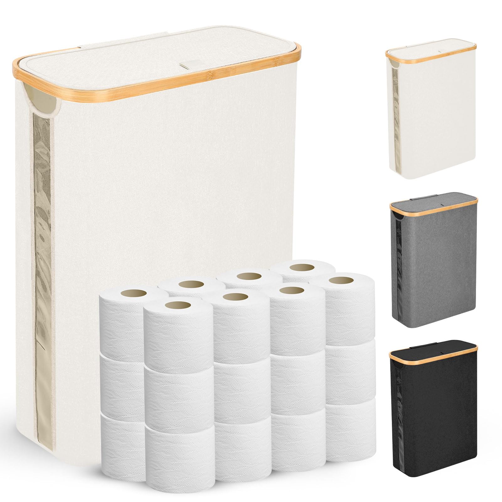 Photo 1 of Odonata Large Toilet Paper Storage Basket with Lid, Slim Toilet Paper Organizer, Hold up to 20 Regular Rolls or 15 Mega Rolls. (Beige, 49L)