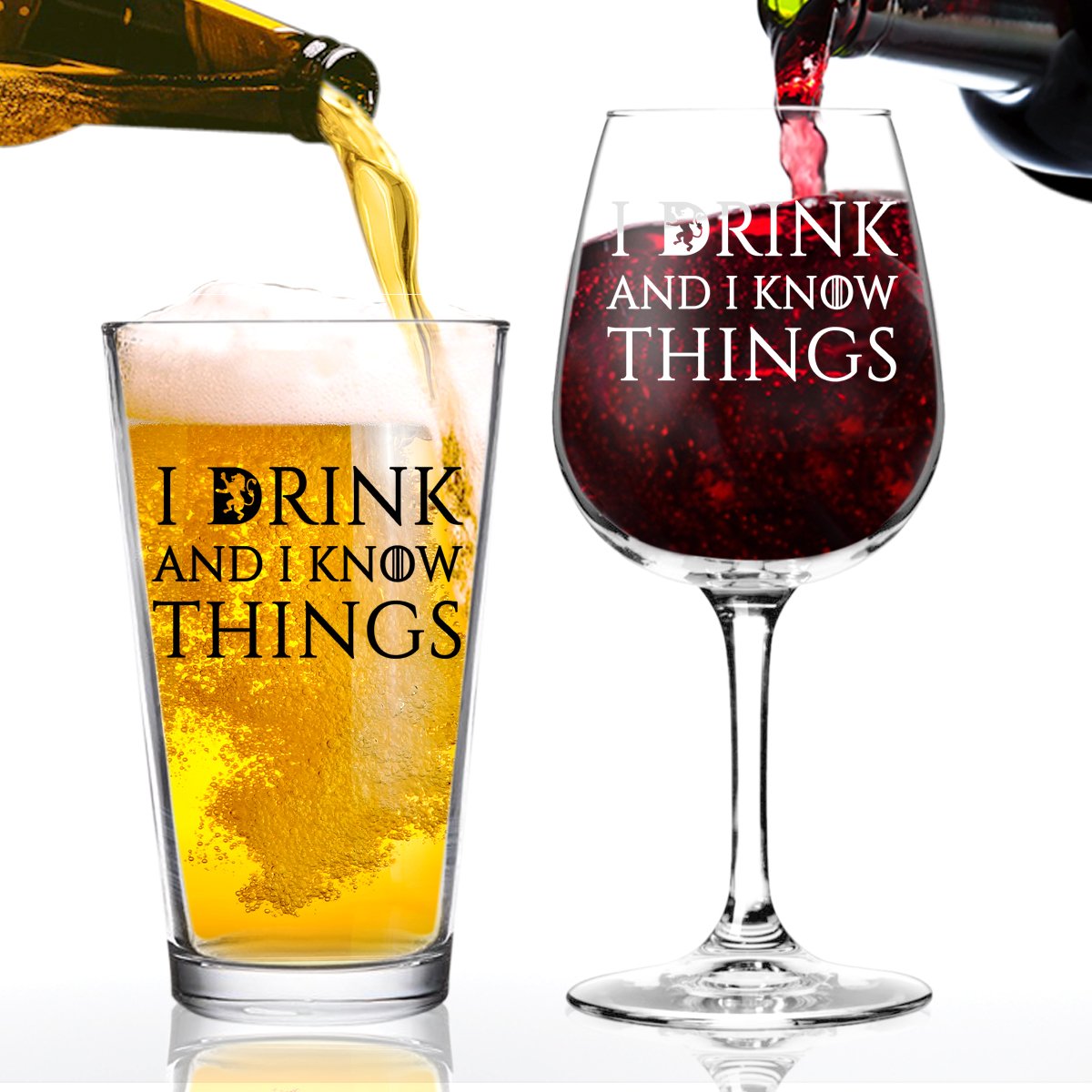 I Drink And I Know Things Beer and Wine Glass Set- Cool Present Idea for Bridal Shower, Wedding, Engagement, Anniversary and Couples - Him, Her, Mr. Mrs. Mom Dad