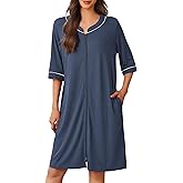Ekouaer Women Robes Zipper Front 3/4 Sleeve Housecoat Zip Up Bathrobes Lightweight Sleepwear with Pockets Blue Purple X-Large