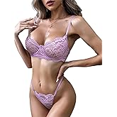Lilosy Sexy Underwire Push Up Scallop Floral Lace Sheer Lingerie Set for Women Bra and Panty 2 Piece