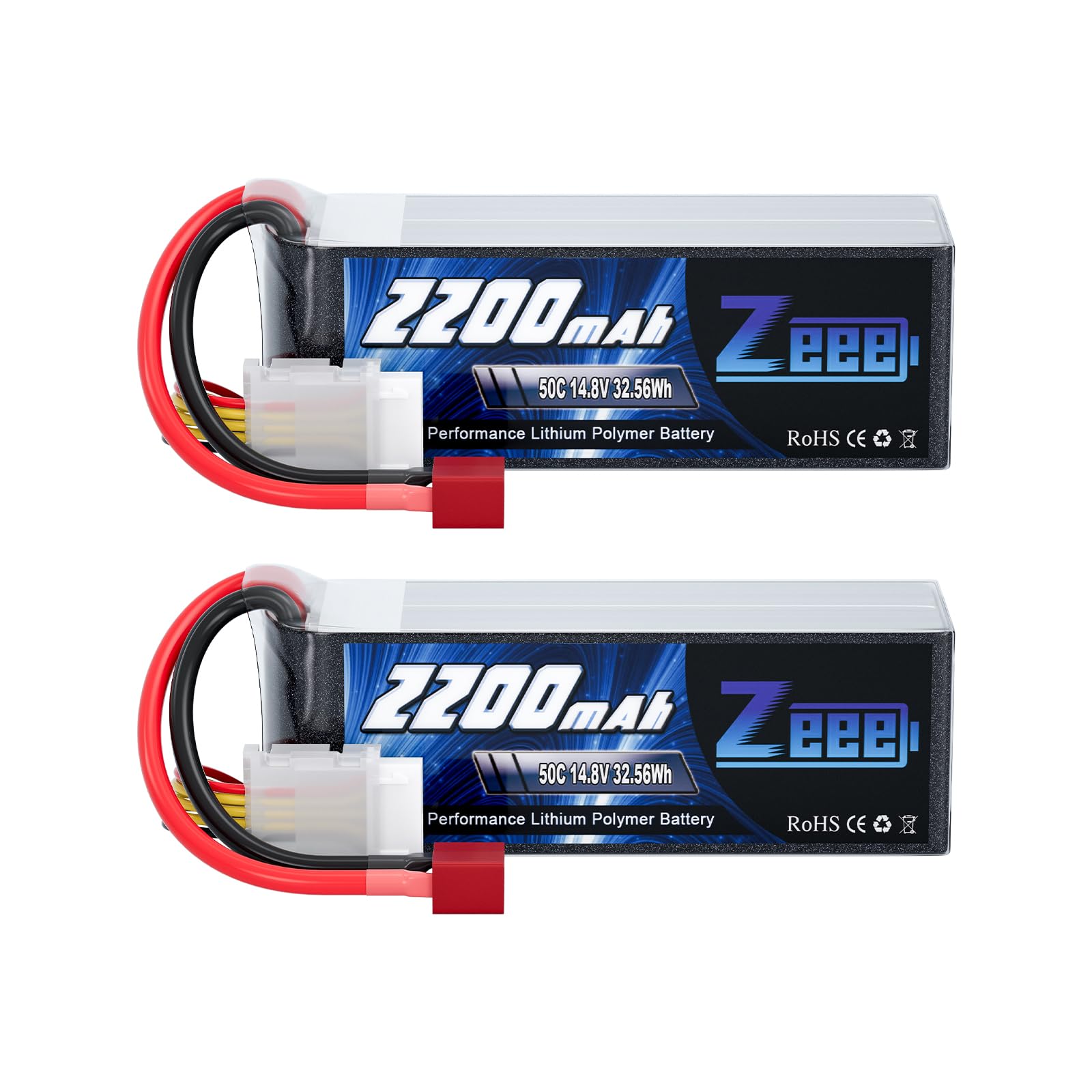 Zeee 4S Lipo Battery 14.8V 50C 2200mAh RC Battery with T Plug for FPV Drone Quadcopter Helicopter Airplane RC Boat RC Car RC Models (2 Pack)