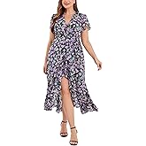 EYWOL Women's Plus Size Floral Wrap Dress - V-Neck Ruffle High-Low Midi Dresses with Flutter Sleeves for Wedding Guest Party