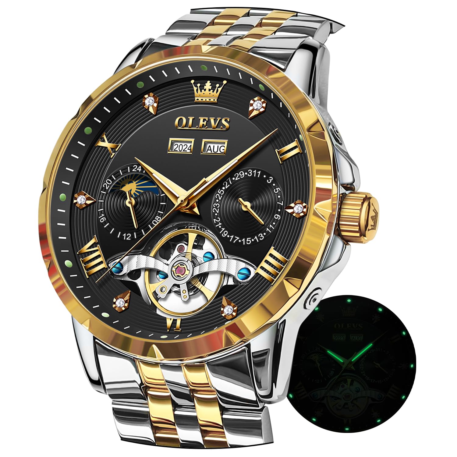 OLEVS Men's Mechanical Wristwatch, Automatic Winding, Moon Phase, Stylish, Skeleton, Waterproof, Popular, Luminous Watch for Men, Black & Gold