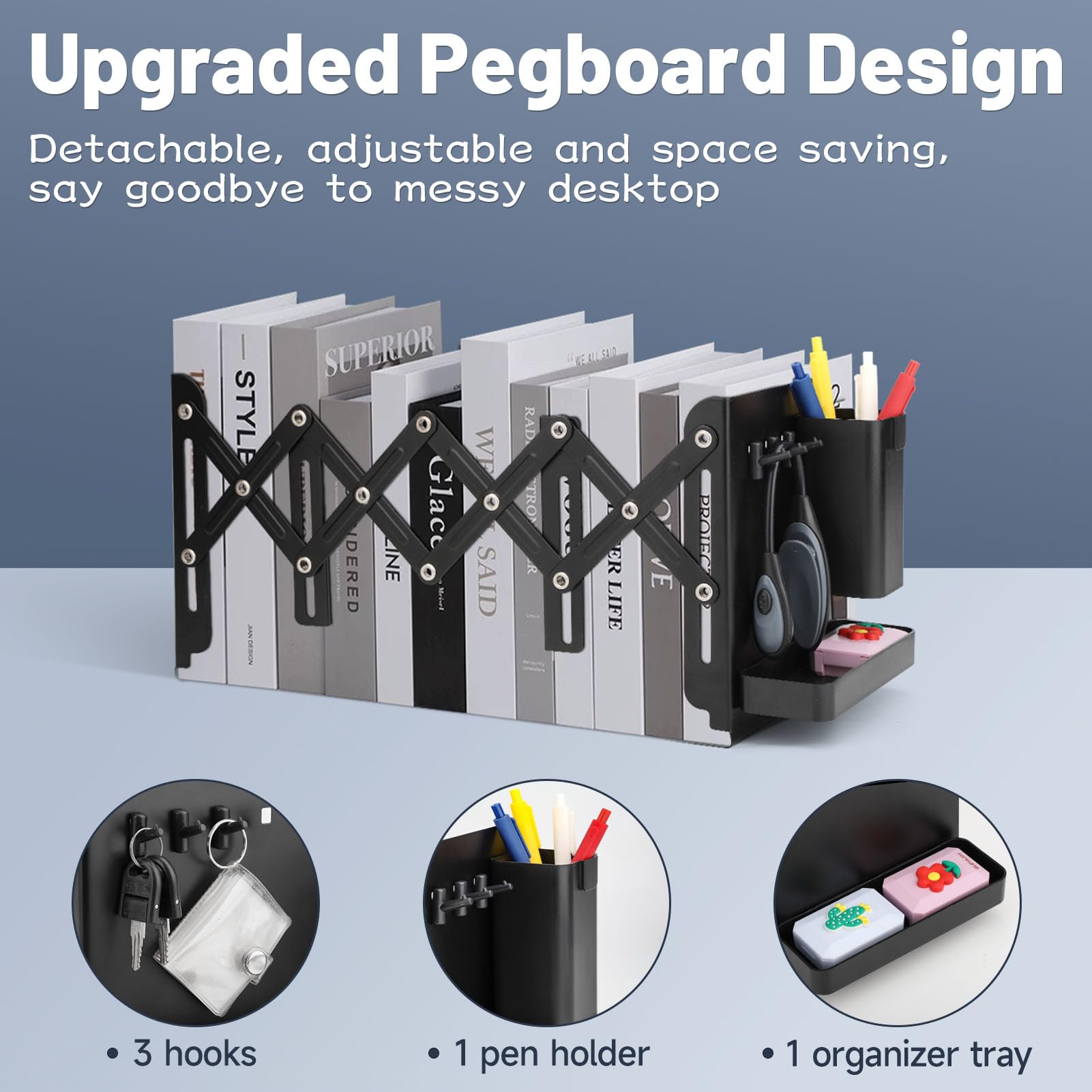 Metal Bookends with Adjustable Length 4 to 19-Inch, Upgraded Book Ends with Detachable Pen Holder, Tray and Hooks, 3-Section Bookrest Organizer Rack for Classroom, Office, School, Home (Black)