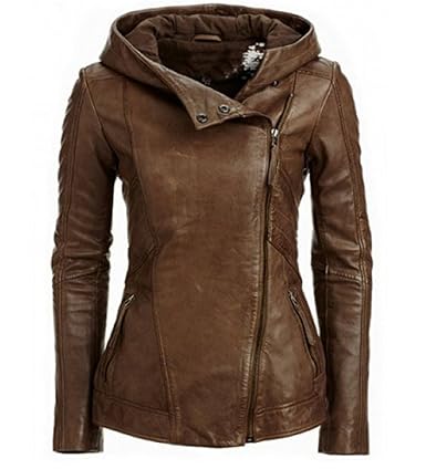 YOJAP Damen Herbst Winter Kapuzen Kunstleder Jacke Retro Einfarbig Lederjacke Mit Kapuze Motorradjacke Damen Mädchen Oberbekl