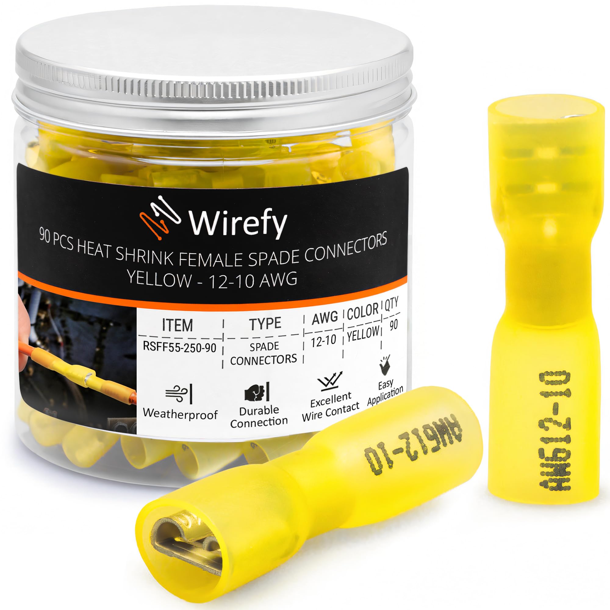 90 PCS Wirefy Female Spade Connectors - Heat Shrink Spade Connector Kit - Quick Disconnect Wire Connectors - Electrical Spade Terminals - Yellow 12-10 Gauge