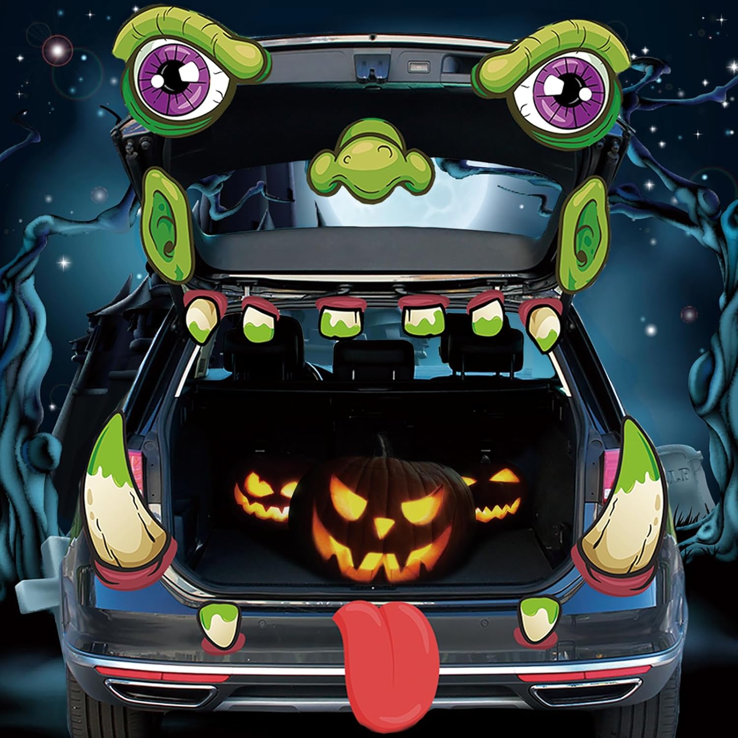 Garage Door Decorations - HmiL-U Trunk or Treat Car Decorations Kit | Halloween Car Decorations Monster Face with Huge Eyes,Hands,Horns,and Fangs Halloween Decorations for Car,Garage Door Party Supplies -Large Size