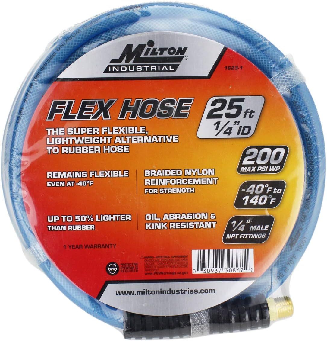 Milton (1623-3) FLEX HOSE Reinforced Polyurethane Air Hose 100 ft. x 1/4” ID, 200 PSI, Lightweight Hybrid Air Compressor Hose w/ ¼” MNPT brass fitting, Cold Weather Flexible, Bend Restrictor – Blue: Automotive