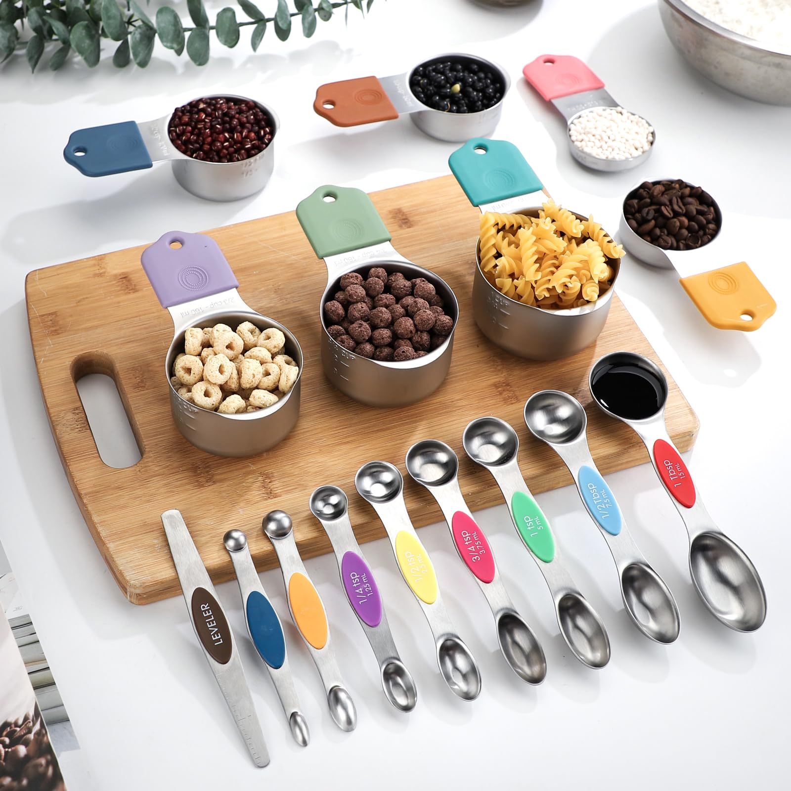 Magnetic Measuring Cups and Spoons Set of 16 Including 7 Stainless Steel Stackable Magnetic Measuring Cup 8 Magnetic Measuring Spoon with Leveler for Measuring Dry Liquid Ingredient