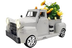 Fleecy day Christmas Truck Decor Vintage Truck Décor,White Farmhouse Car with Lamp & Sunflower Cute Metal Car Gift Pickup Truck Model for Home Decoration(White)