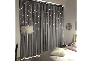 UNISTAR 2 Panels Stars Blackout Curtains for Bedroom Girls Kids Baby Window Curtain Double Layer Star Cut Out Aesthetic Living Room Decor Wall Home Decorations Curtain,W52 x L84 Inches,Grey