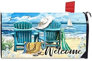 FBCOO Welcome Summer Blue Sea Beach Mailbox Cover Magnetic Standard Size 21" x 19", Ocean Seagull Sailboat Chairs Decorative Post Letter Box Wrap Decor Coastal Nautical Garden Yard Outdoor Decoration