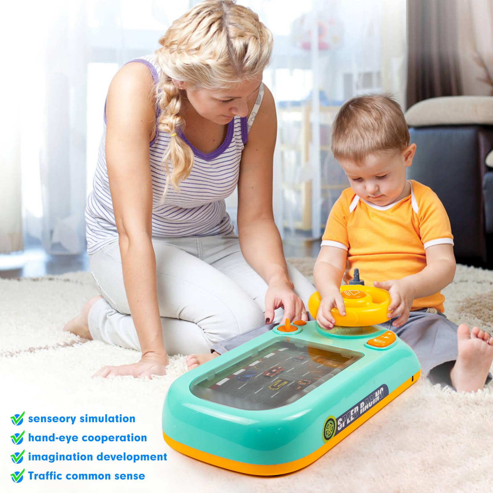 Beacron Musical Steering Wheel Toys for Boys 4-6: Toddler Simulated Driving Racing Car Game with Sound Ages 3+ Year Old, Interactive Educational Learning Race Truck for Kids Girls Birthday Gifts