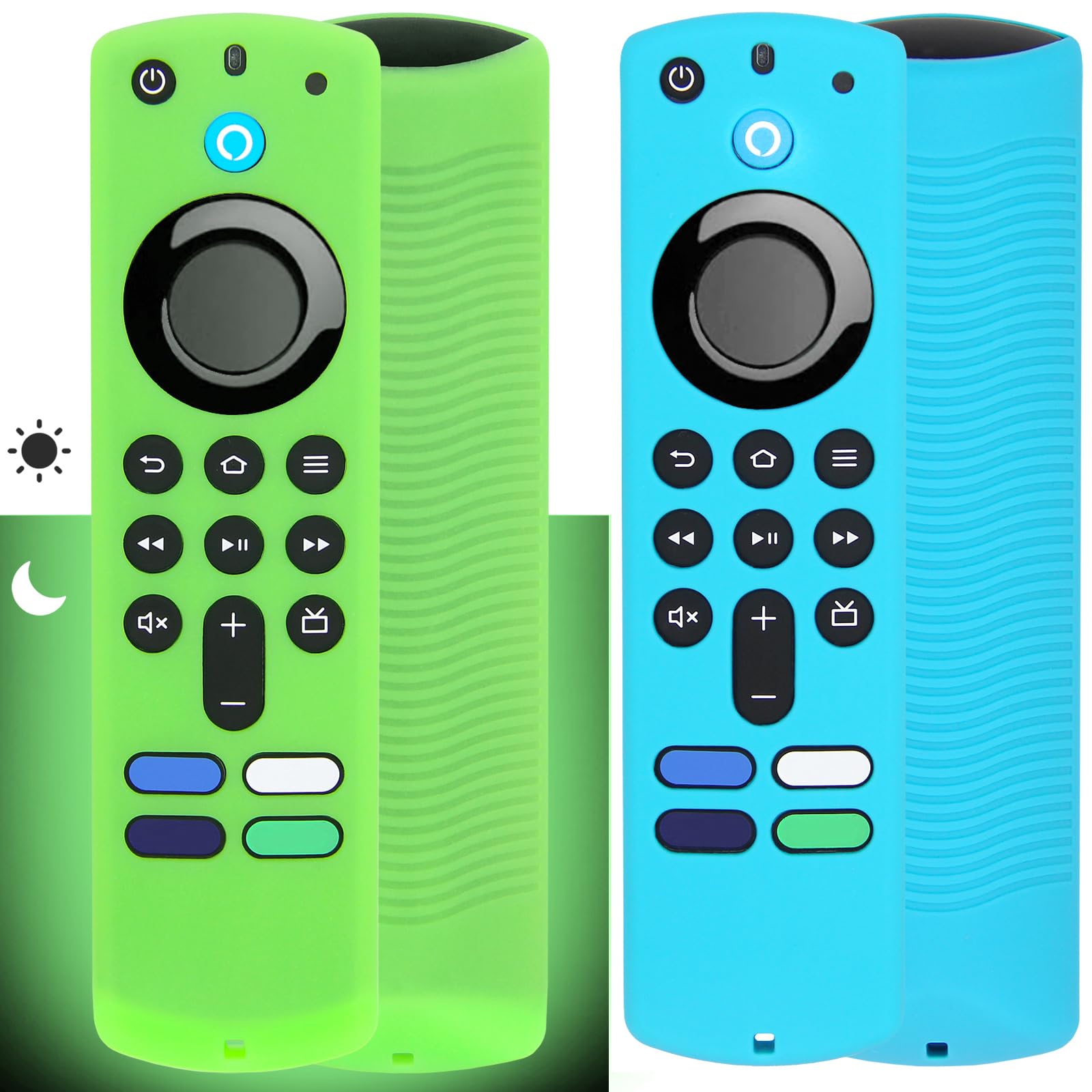 [2 Pack] Pinowu Remote Cover Compatible with Fire TV Stick 4K Alexa Voice Remote (3rd Gen), Anti Slip Silicone Protective Case Cover with Lanyard (Green Glow & Turquoise) (NOT for 4K 2nd 2024)