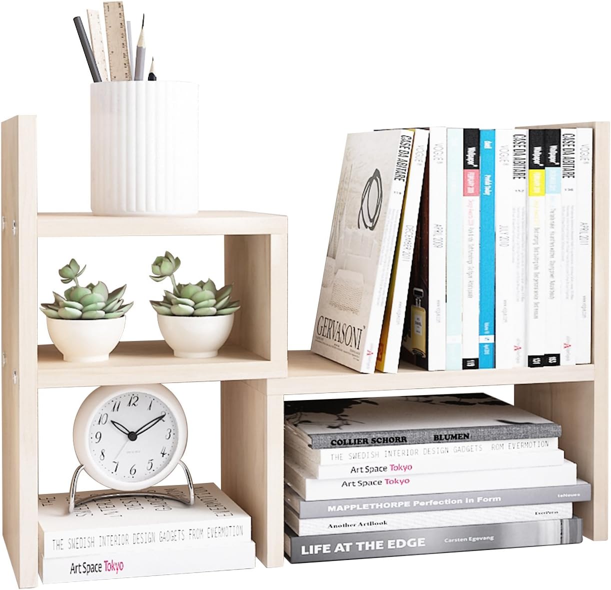 Jerry & Maggie - Desktop Organizer Office Storage Rack Adjustable Wood Display Shelf | Birthday Gifts - Toy - Home Decor | - Free Style Rotation Display - True Natural Stand Shelf White Wood Tone : Office Products