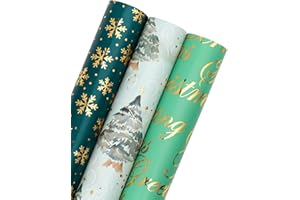 WRAPAHOLIC Christmas Wrapping Paper - 3 Rolls, 17 Inch X 120 Inch Each - Green Foil Christmas Tree, Snowflake Designs with Metallic Shine - Perfect for Christmas, Holiday