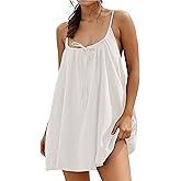 YUENIU Womens Sundresses Mini Linen Beach Cover Up Tank Summer Casual Spaghetti Strap Sleeveless Dress with Pockets White M