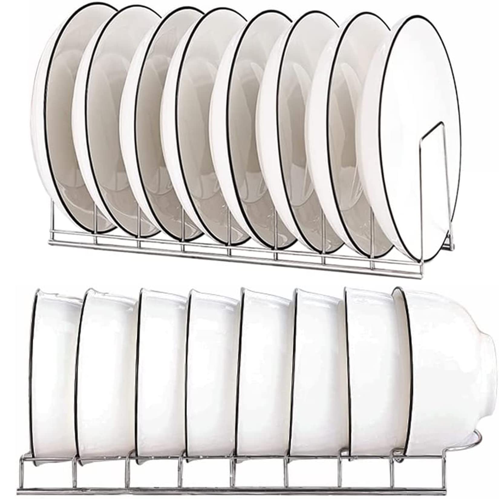 2 Pack Bowl and Plate Storage Rack, Plate Organiser for Kitchen Cupboard, Stainless Steel Small Bowl Drainer Kitchen Cupboard Organiser, for Pot Lids, Plates, Cutting Boards, Bakeware