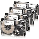 4-Pack Compatible for Casio XR-12WE XR-12WE2S Label It Tape 12mm 0.47 White | Label Maker Tape 12mm 1/2 Inch Black on White Cartridge for KL-100 KL-120 KL-60 KL-7000 KL-7200 KL-750B KL-780 EZ Printer