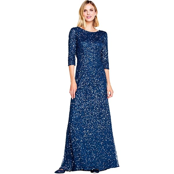 knee length dresses for ladies Adrianna Papell Blue Heather Floral Filigree Beaded Fitted Long Sleeve –  Popcorn's Closet