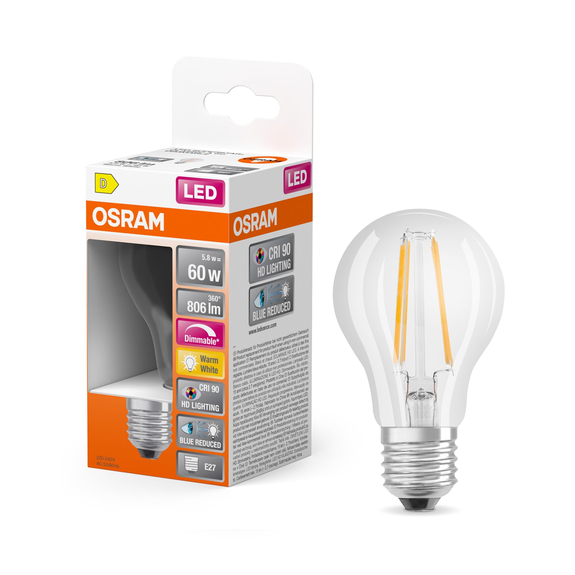 OSRAM Superstar dimmable LED lamp with Extra high Colour Rendering (CRI90), E27-base Filament Optics,Warm White (2700K), 806 Lumen, 60W-Replacement, dimmable, 1-Pack