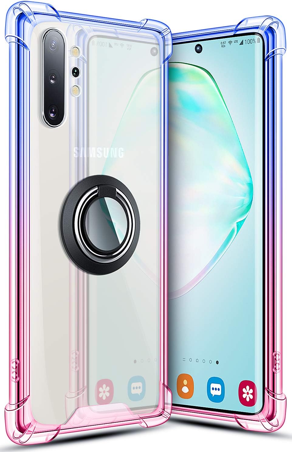 Galaxy Note 10 Plus Case 6.8 Inch, SANKMI Rugged Protective Clear Ring Kickstand and Work with Magnetic Car Mount Colorful 5G Phone Case for Samsung Galaxy Note 10+ Blue Pink