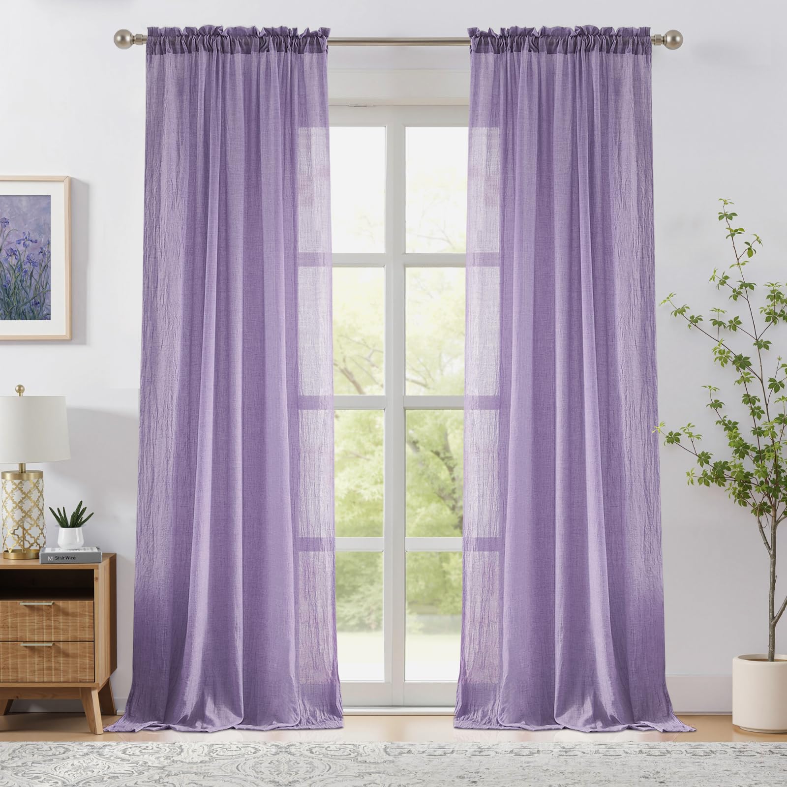 Melodieux Purple Sheer Curtains 84 Inches Long for Bedroom Living Room Natural Cotton Linen Light Filtering Window Sheers, Rustic Rod Pocket Lightweight Voile Curtain Drapes, 52" W x 84" L, 2 Panels