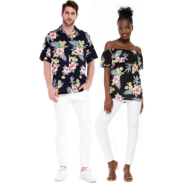 Matching Couple Hawaiian Shirt & Off-Shoulder Ruffle Top - Sunset Neon Luau Outfits For Women & Men - View #8