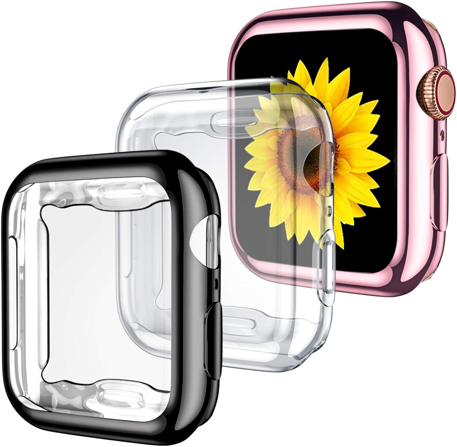 GEAK 3 Pack Compatible with Apple Watch Case 38mm,Soft HD High Sensitivity Screen Protector with TPU All Around Anti-Fall Protective Case Cover for iWatch Series 3/2/1 38mm Black/Clear/Rose Pink