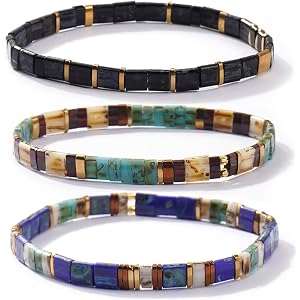 Ustome Tila Flat Square Stack Beaded Bracelets Set for Women Men, Boho 3Pcs Romantic Handmade Healing Gold Colorful Stretch A