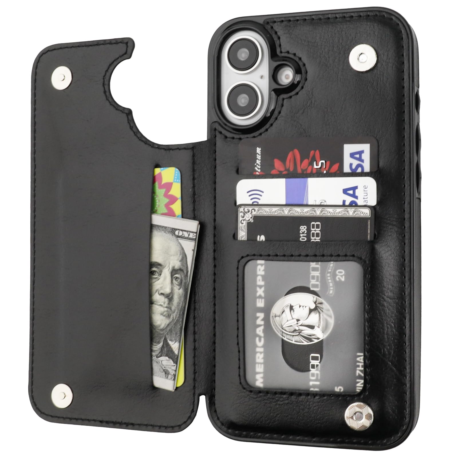ONETOP Compatible with iPhone 16 Plus Wallet Case with Card Holder, PU Leather Kickstand Card Slots Case, Double Magnetic Clasp and Durable Shockproof Cover 6.7 Inch (Black)