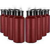 VQRRCKI 32 oz Insulated Water Bottle Bulk 8 Pack, Stainless Steel Sports Water Bottles with Straw Lid & Wide Mouth Lids, Double Walled Vacuum, Leak Proof, Red