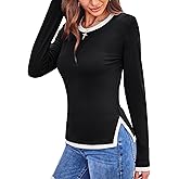 DJT Women's Long Sleeve T Shirts Crew Neck Color Block One Side Slit Slim Fit Knit Tops Sexy Basic Tee