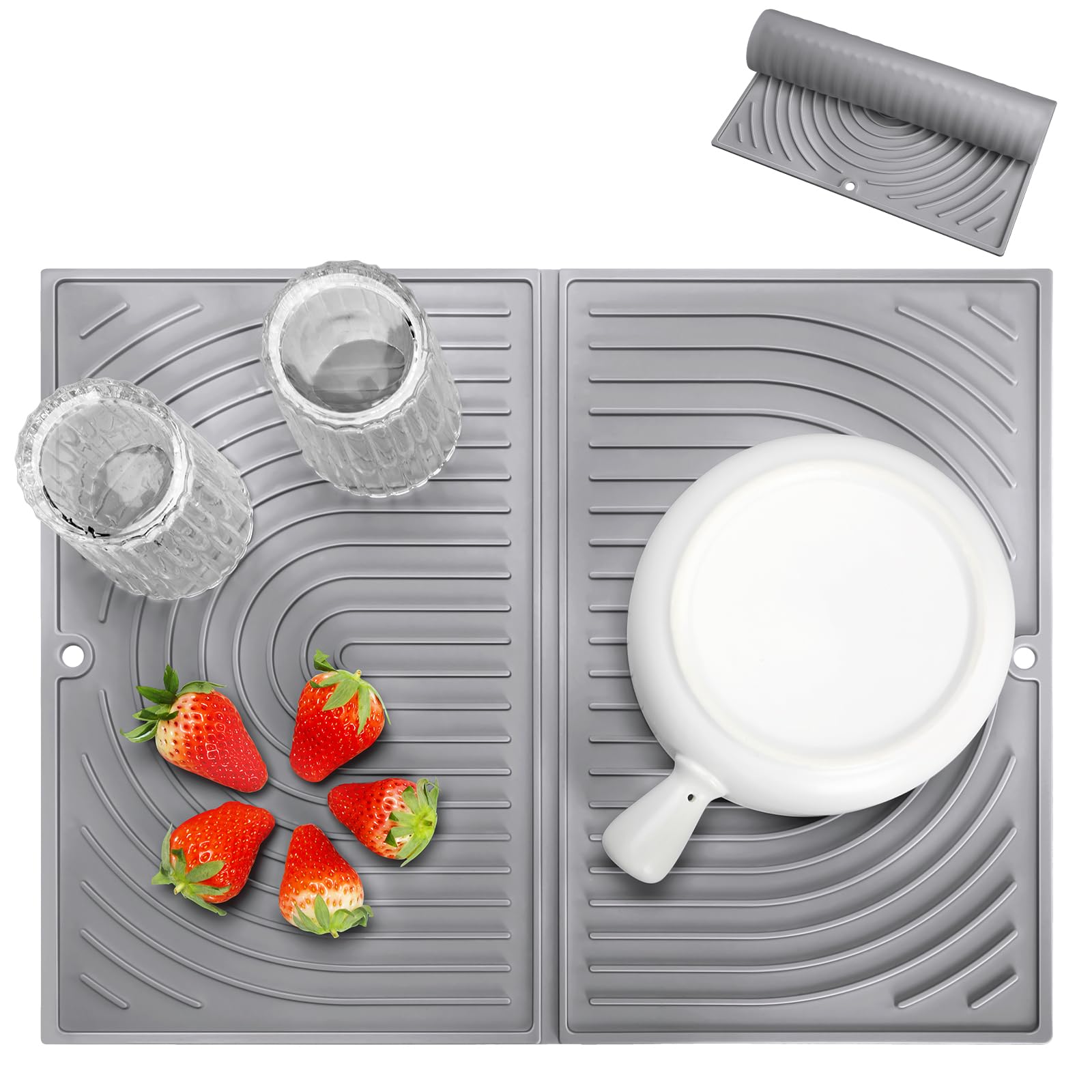 Oamwrae Silicone Dish Drying Mat, Folding Drainer Draining Board Matt for Kitchen Counter, Non-Slip, Quick Dry, Heat Resistant (43×34cm, Grey)