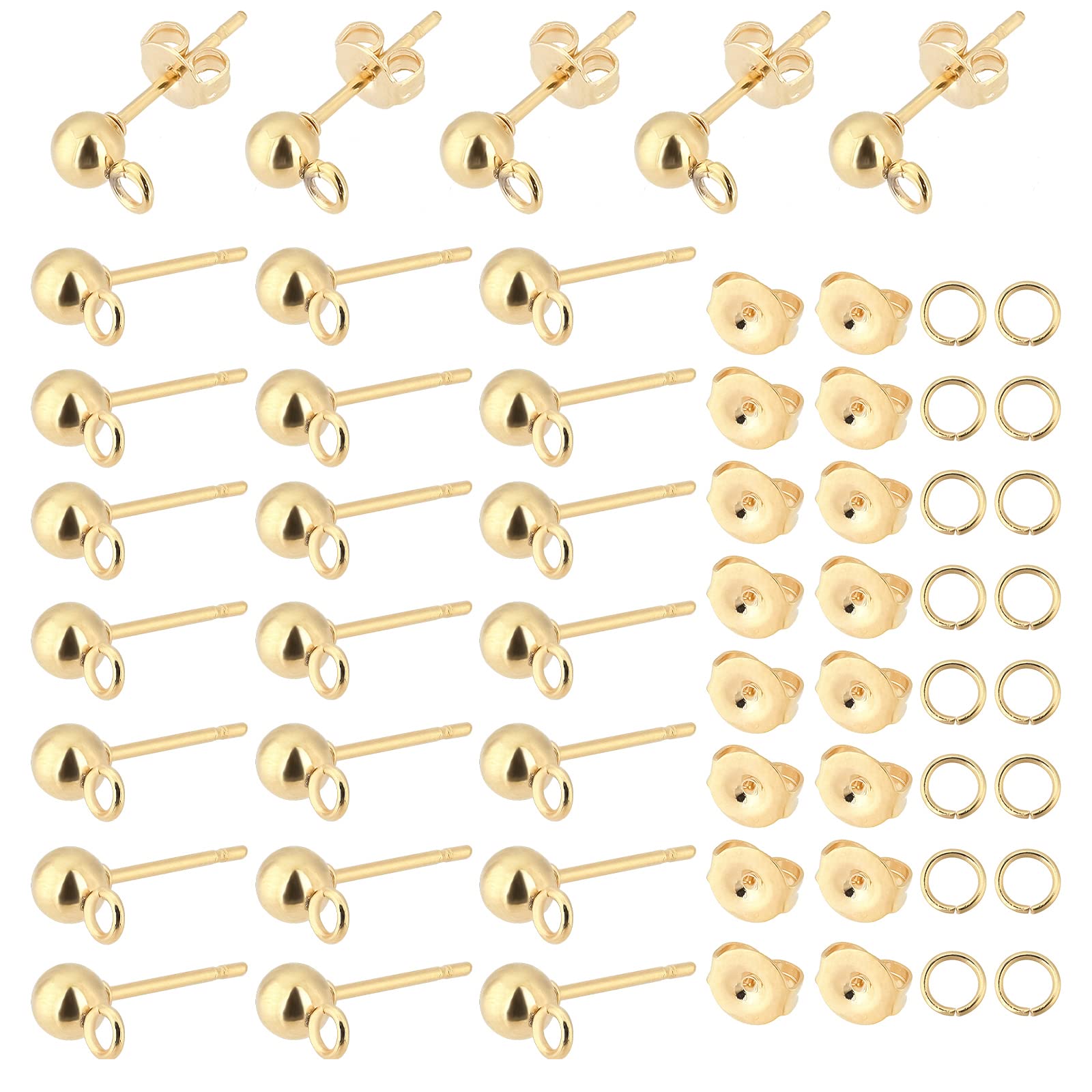 PH PandaHall 300pcs 24K Gold Plated Ball Post Earring Stud, Ear Piercing Studs with 100pcs Open Jump Rings 100pcs Ear Nuts Cartilage Earrings Components for DIY Crafts Earring Jewellery Making