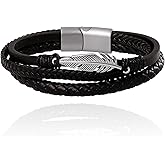 Lucky Brand 3-Row Black Bracelet for Men 8.5", Stainless Steel Feather Bracelet