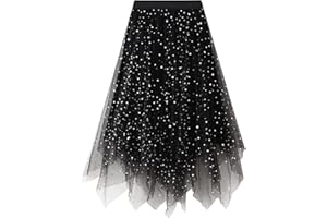 IMISSILLEB Tulle Skirt for Women Asymmetrical Pleated Tutu Midi Skirt Casual Cocktail Party Beach Elastic Waist Mesh Layered Skirts