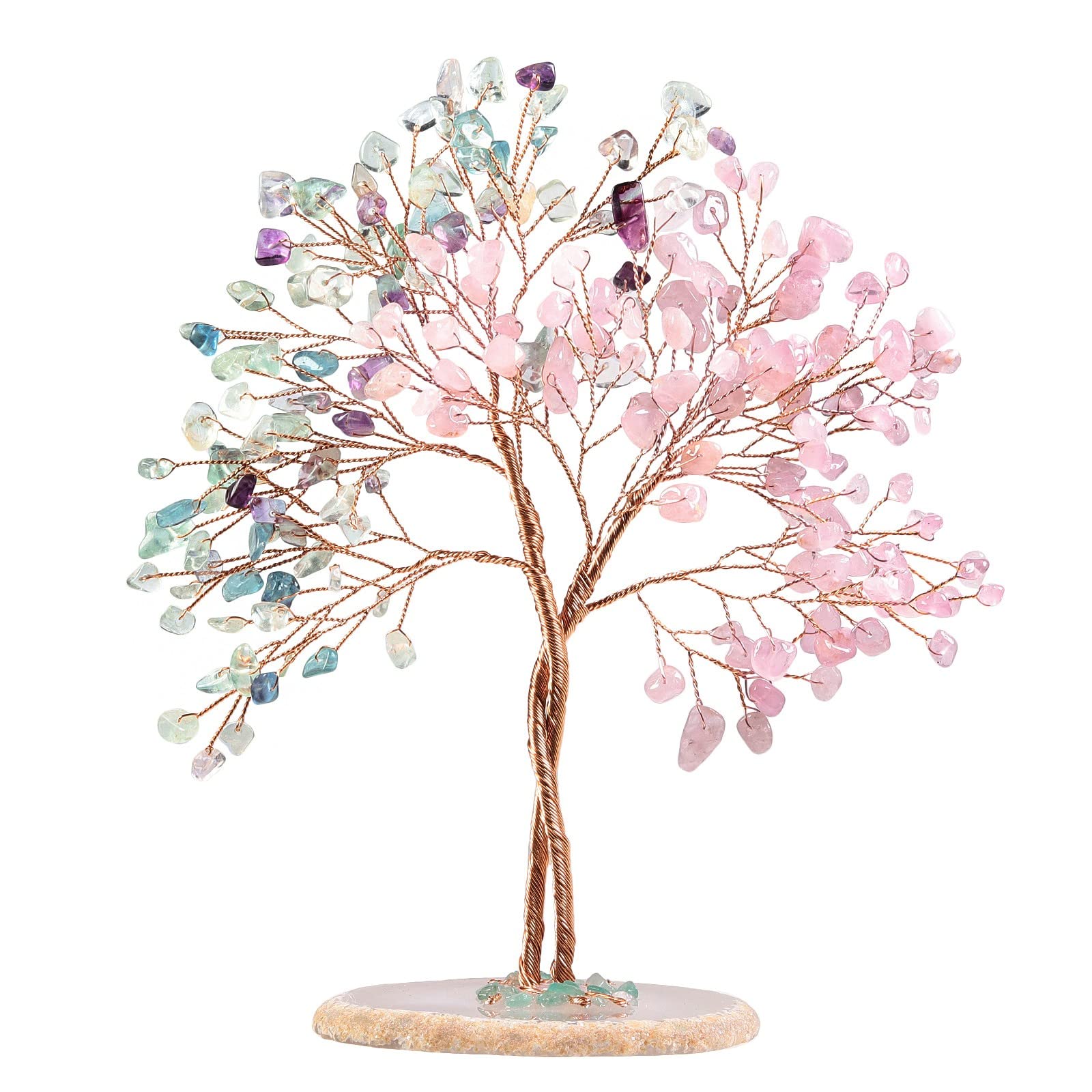 KYEYGWO Rose Quartz+Fluorite Crystal Stone Money Tree with Agate Slice Base Handmade Feng Shui Bonsai Tree Decoration Love Stone Tree Ornament for Fortune and Wealth