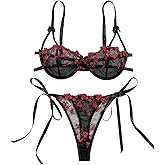 Lilosy Sexy Tie Side Cute Underwire Push Up Strappy Embroidered Mesh Sheer Lingerie Set