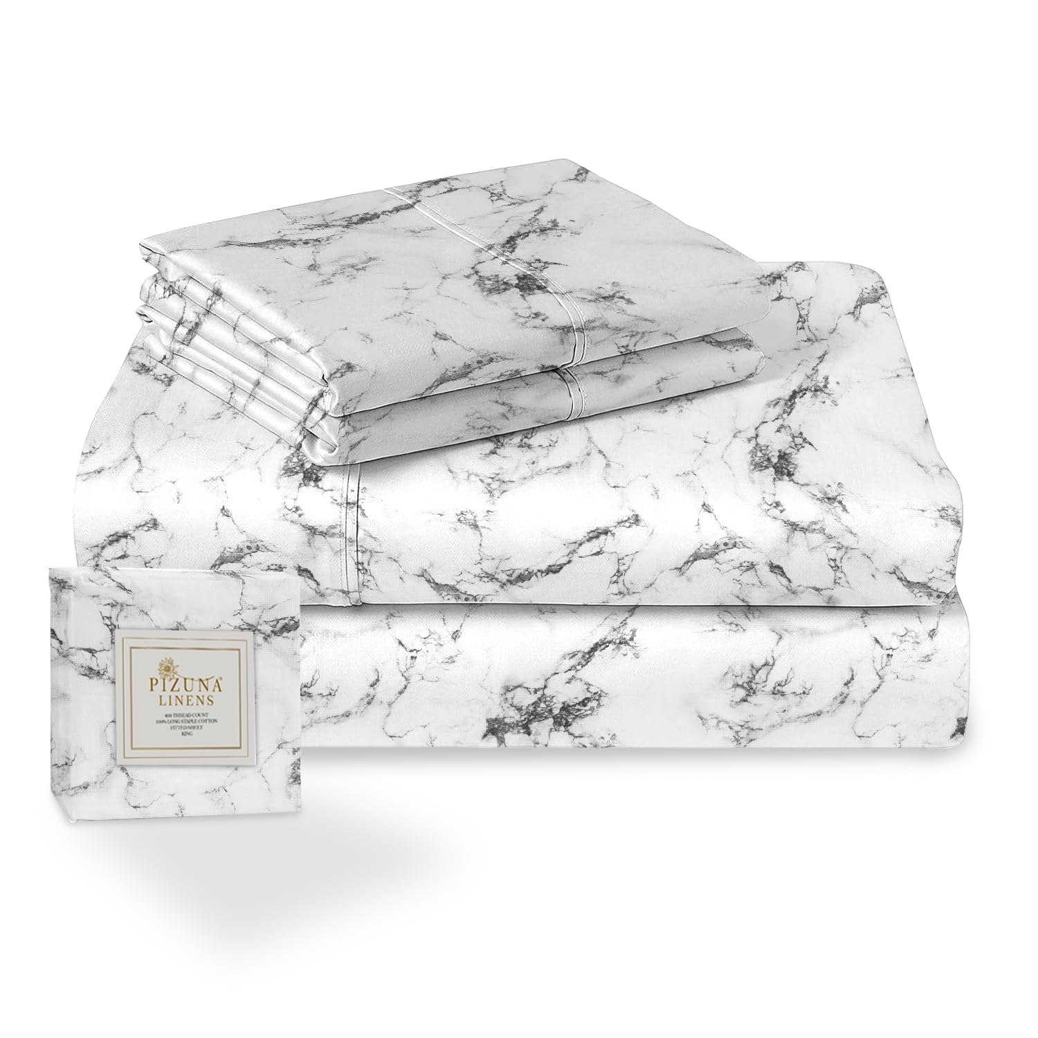 Pizuna Cotton Marble White Printed King Size Bed Sheet Set 400 Thread Count 100% Long Staple Cotton Bedding, Sateen Sheets Includes 1 Fitted Sheet, 1 Flat Sheet, 2 Pillowcase (Printed Bedding) — image 1