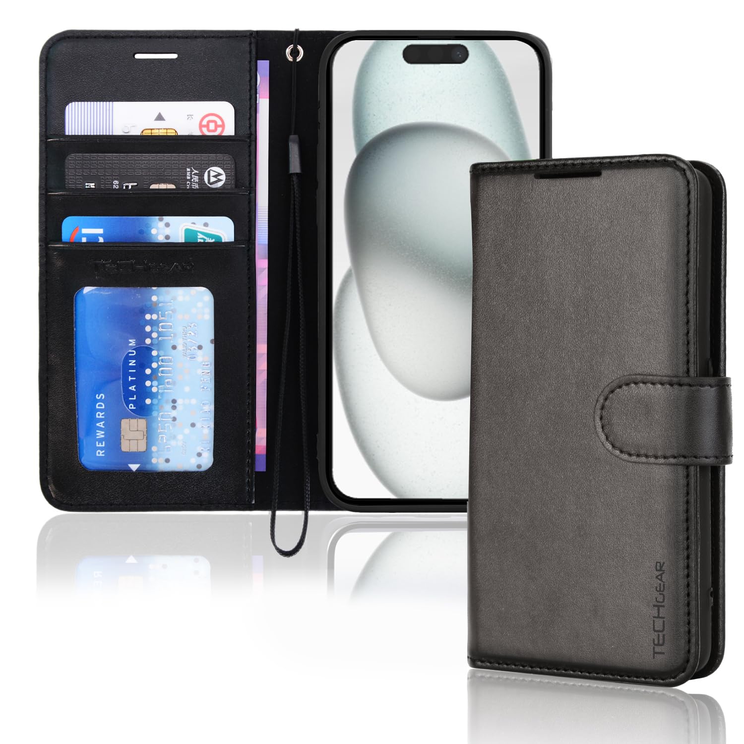 TECHGEAR iPhone 15 Leather Wallet Case, Flip Protective Case Cover with Wallet Card Holder, Stand and Wrist Strap - Black PU Leather with Magnetic Closure for iPhone 15 6.1"