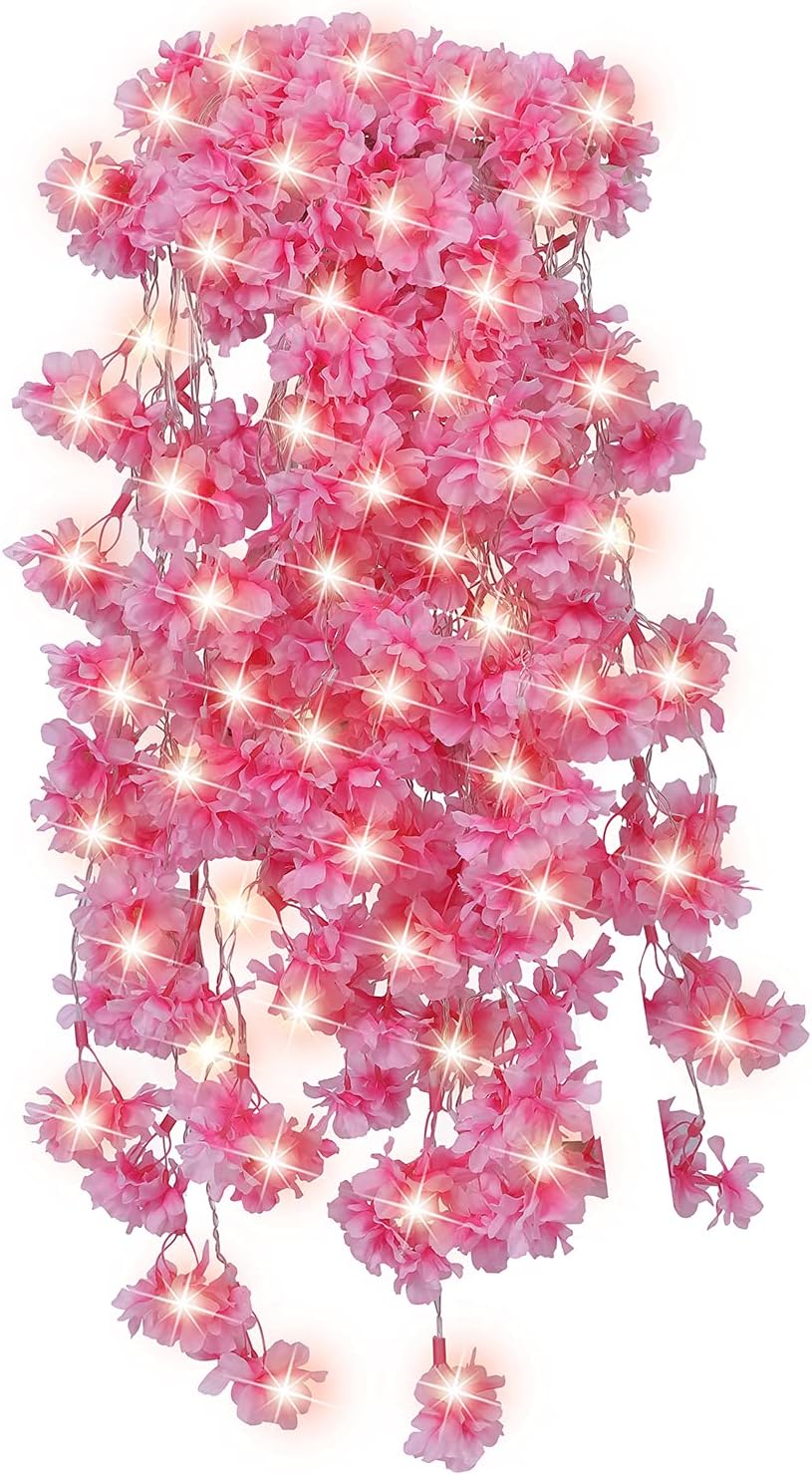 Pink Cherry Blossom Flowers Artificial Vine with Light，110V Bifurcation Hanging 16 FT 120 Lamp Beads with Flowers for Perfect Large Wedding Decoration and Home Decoration Holiday Dress Up