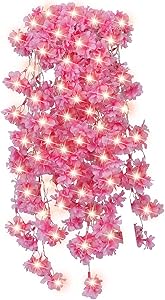 Pink Cherry Blossom Flowers Artificial Vine with Light，110V Bifurcation Hanging 16 FT 120 Lamp Beads with Flowers for Perfect Large Wedding Decoration and Home Decoration Holiday Dress Up