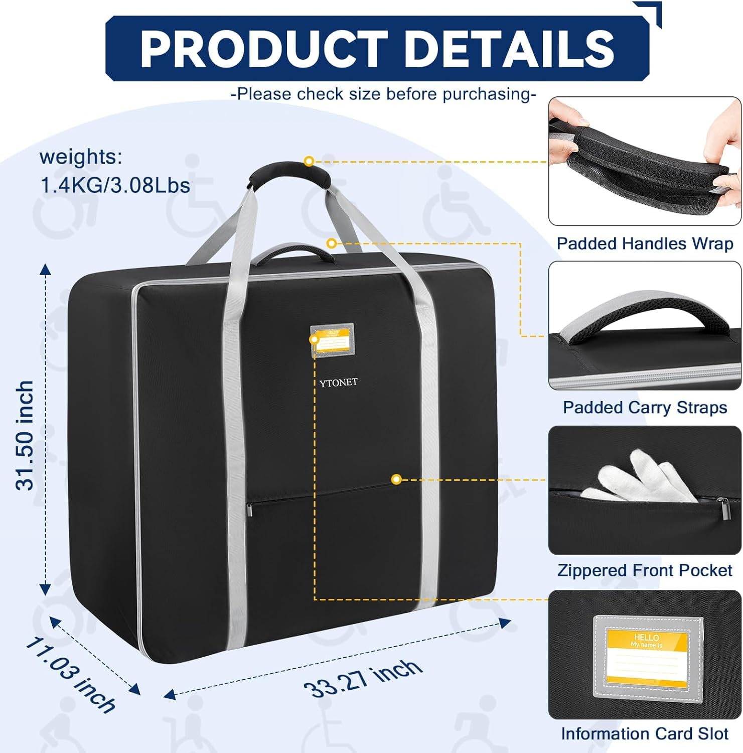 Ytonet Wheelchair Bag, Wheelchair Accessories Designed for Foldable Wheelchairs, with Dimensions of 34