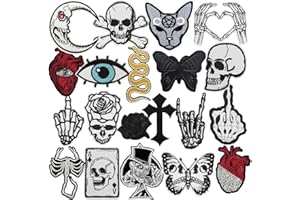 20 PCS Dark Goth Rock Band Iron On Embroidered Patches for Adult Clothing,Cool Gothic Punk Black Skull Sew On Applique Embroi
